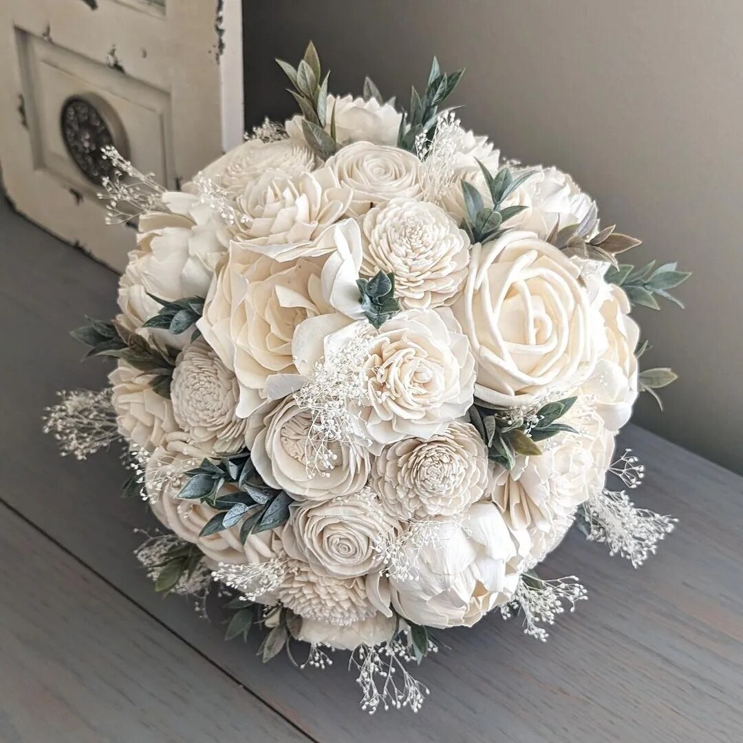 Small ivory white green popular brown rustic woodland wedding BOUQUET Sola Flowers cotton boll preserved cypress lace Flower girl Bridesmaids toss