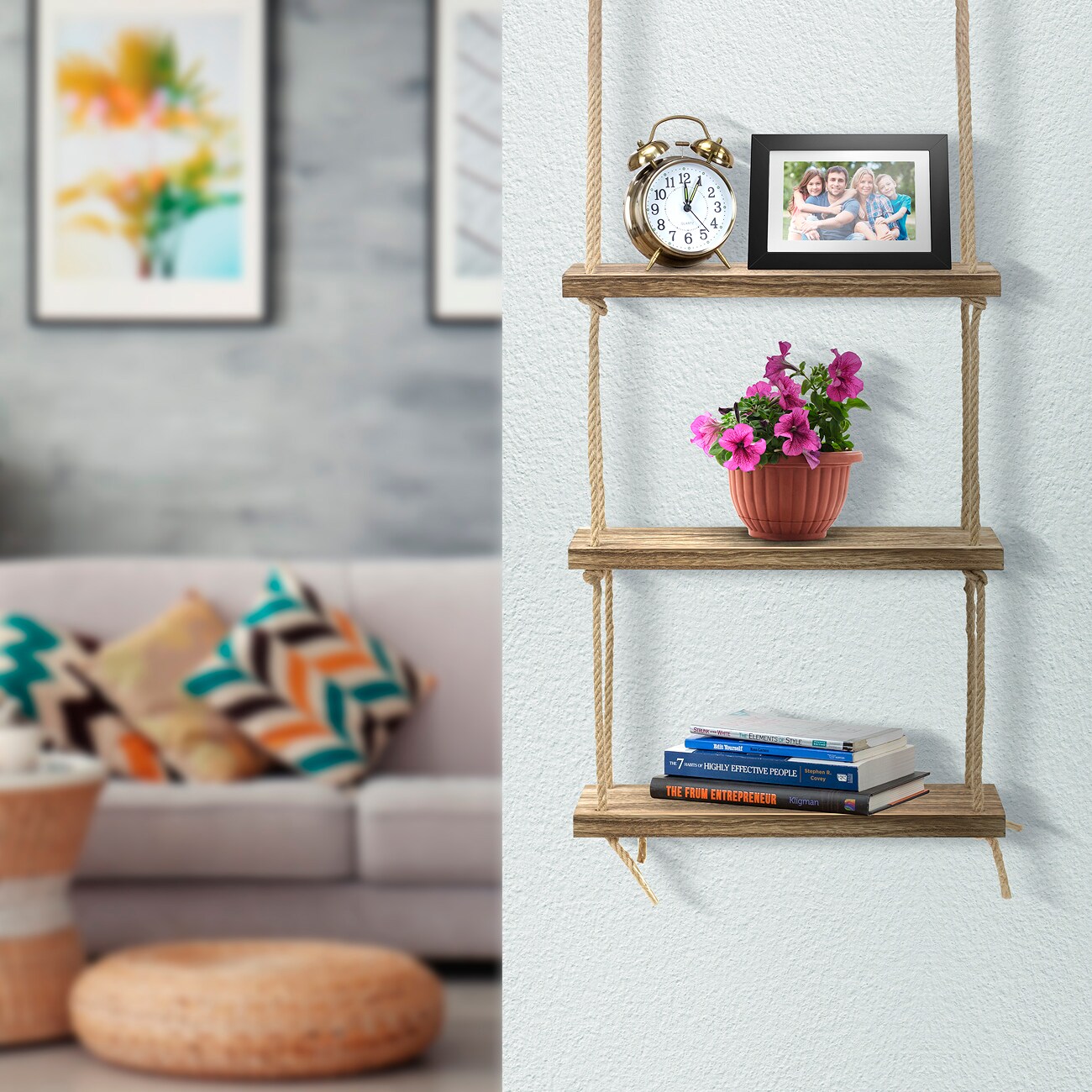 Sorbus 3-Tier Rustic Wood Hanging Rope Storage Shelves
