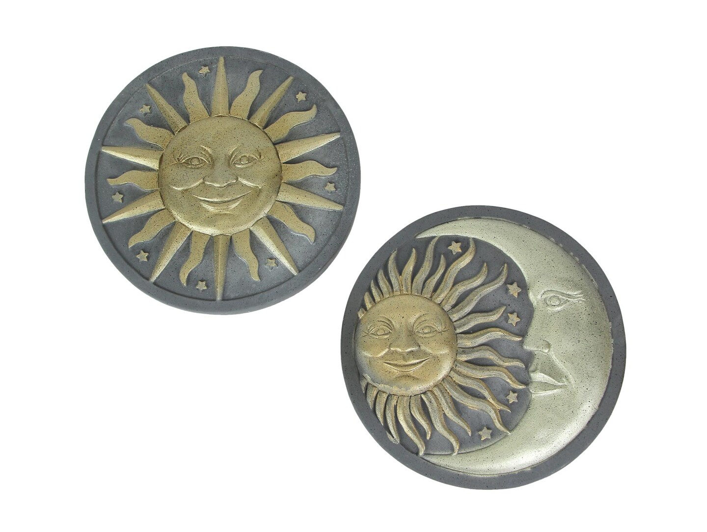 Set of 2 Celestial Smiling Sun and Moon Cement Stepping Stones 10 Inch Diameter