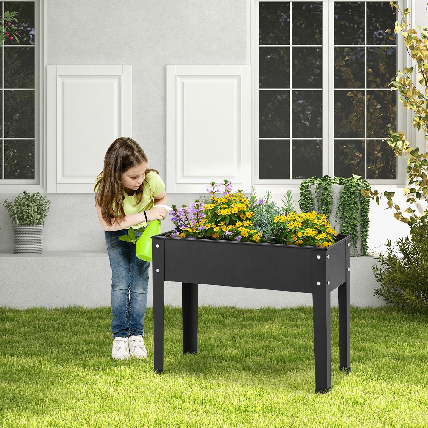 Costway 24&#x22; Raised Garden Bed with Legs Metal Elevated Planter Box Drainage Hole Backyard Green/Black