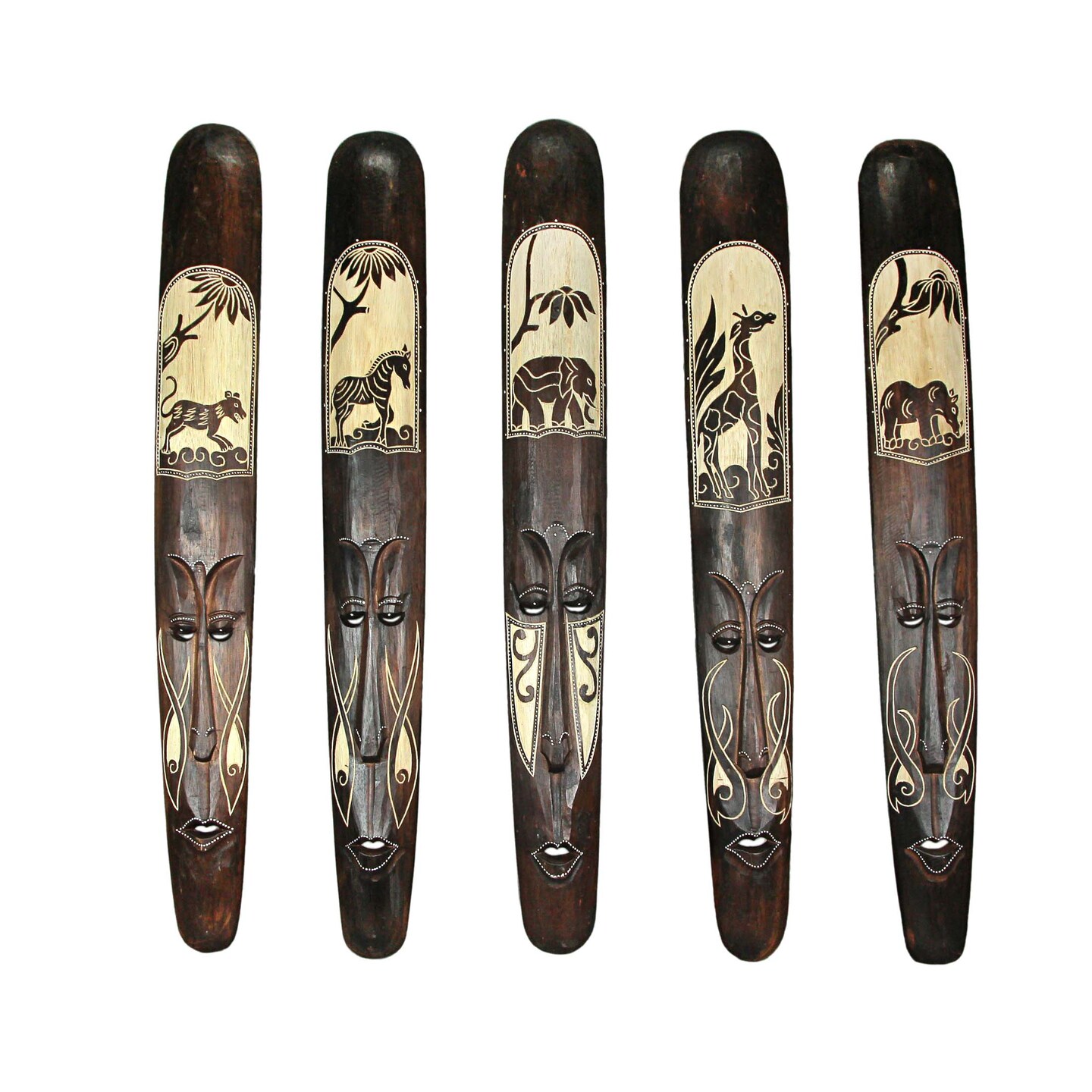 Set of Five 39 Inch Hand Carved African Style Tribal Masks Wall Bar Decor