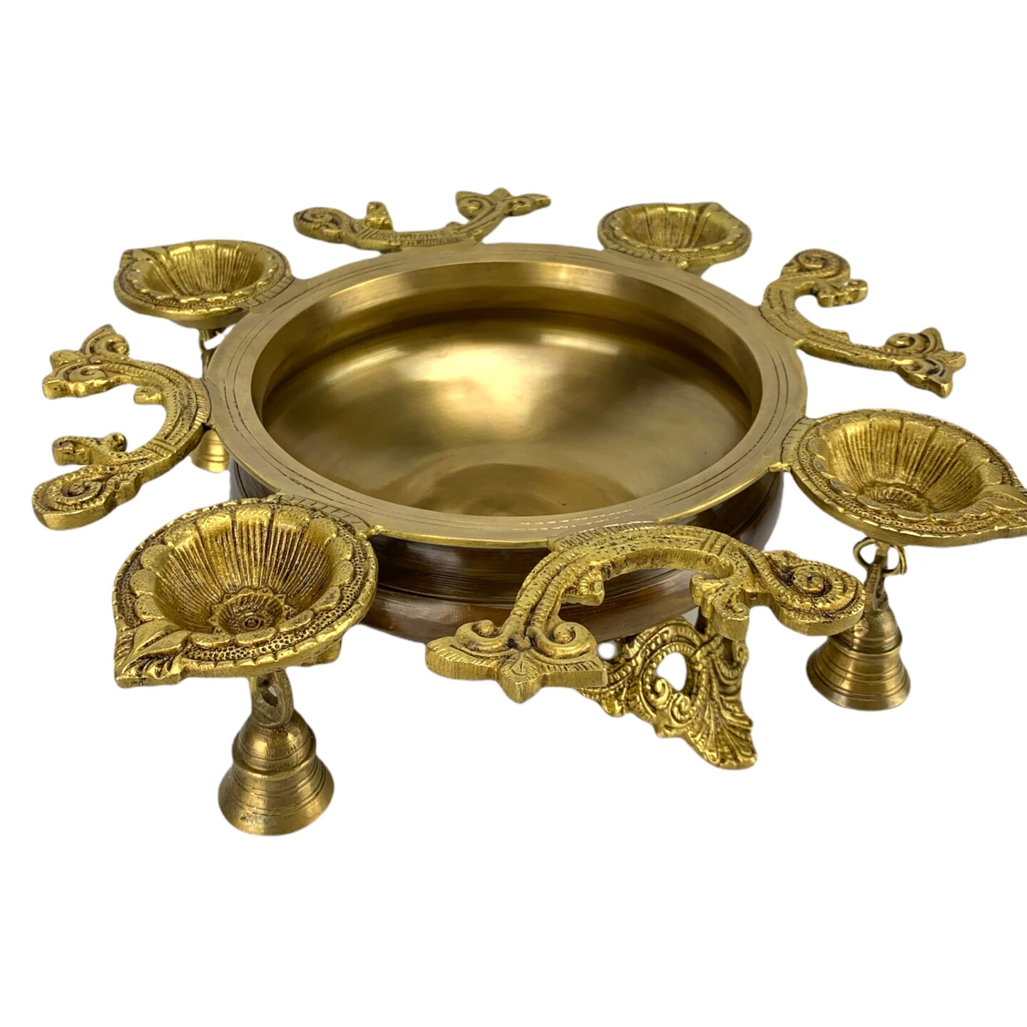 Brass Urli Bowl with Diya Bells 4.25 Inch Flower Decorative Urli Bowls for Floating Flowers Tea Light Candles Home Office Table Decor Diwali Decoration Indian Ethnic Showpiece Item (4 Diya)