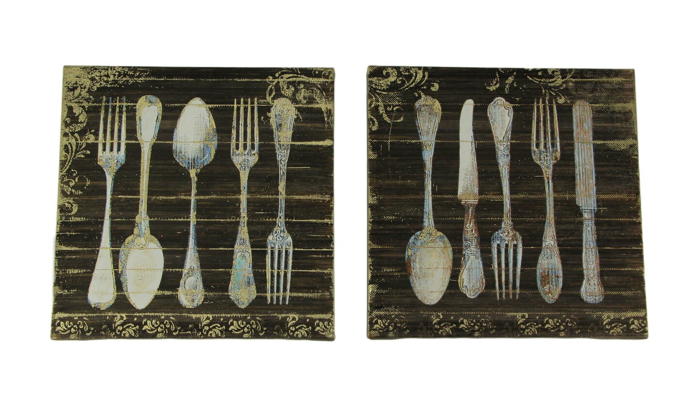 Vintage Finish Wood Look Antique Silverware Canvas Wall Prints 2 Piece Set
