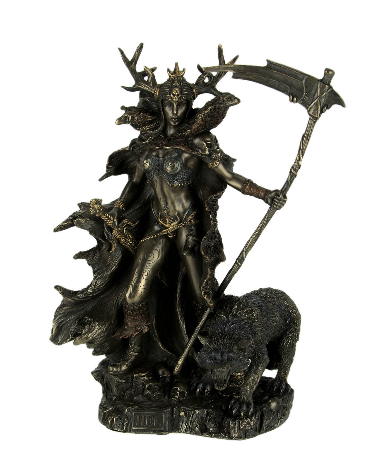 Hel Norse Goddess of the Underworld Holding Scythe with Birds and Wolf Statue