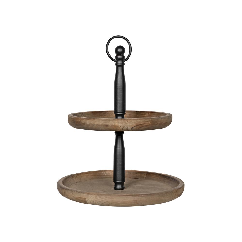 Stratton Home Decor 2 Tiered Natural Wood and Black Metal Decorative Tabletop Tray Stand
