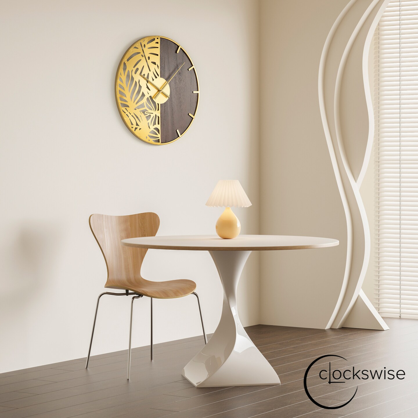 23.6&#x201D; Modern Round Big Wall Clock, Decorative brown wood and gold Metal with Leaf Cutout Oversize Timepiece for Entryway Office Living Room Bedroom or Kitchen, Hanging Supplies Included, Unique Elegant Home Decor