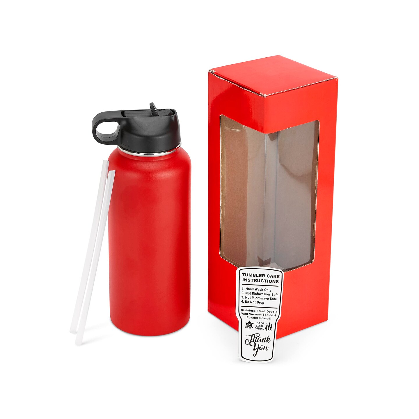 Makerflo Hydro Powder Coated Tumbler, Sipper Water Bottle With Handle, Stainless Steel Double Wall Insulated, BPA Free Plain Tumblers, 25 Pcs Travel Flask with Spill Proof Lid And Straw (Red, 32oz)