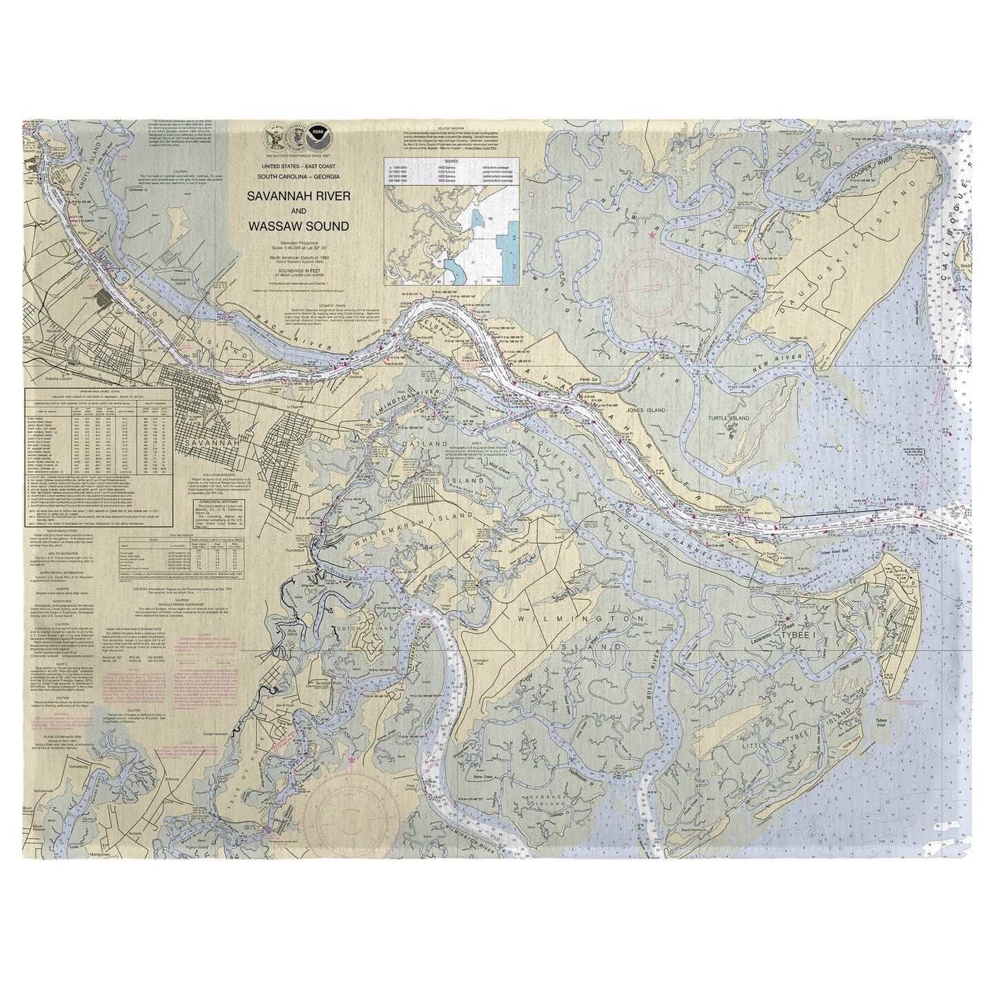 Betsy Drake Savannah River and Wassaw Sound, GA Nautical Map Place Mat Set of 4