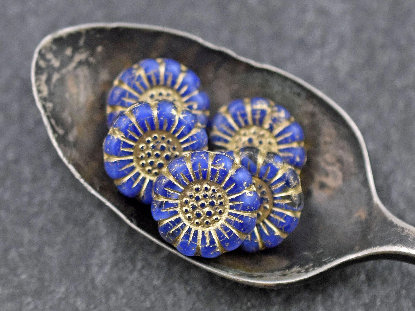 *12* 13mm Gold Washed Royal Blue Silk Sunflower Coin Beads