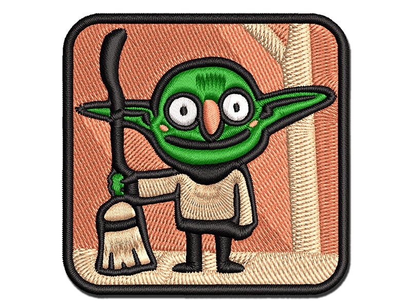 Creepy Goblin With Witch Broomstick Multi Color Embroidered Iron On Or Hook And Loop Patch 7175