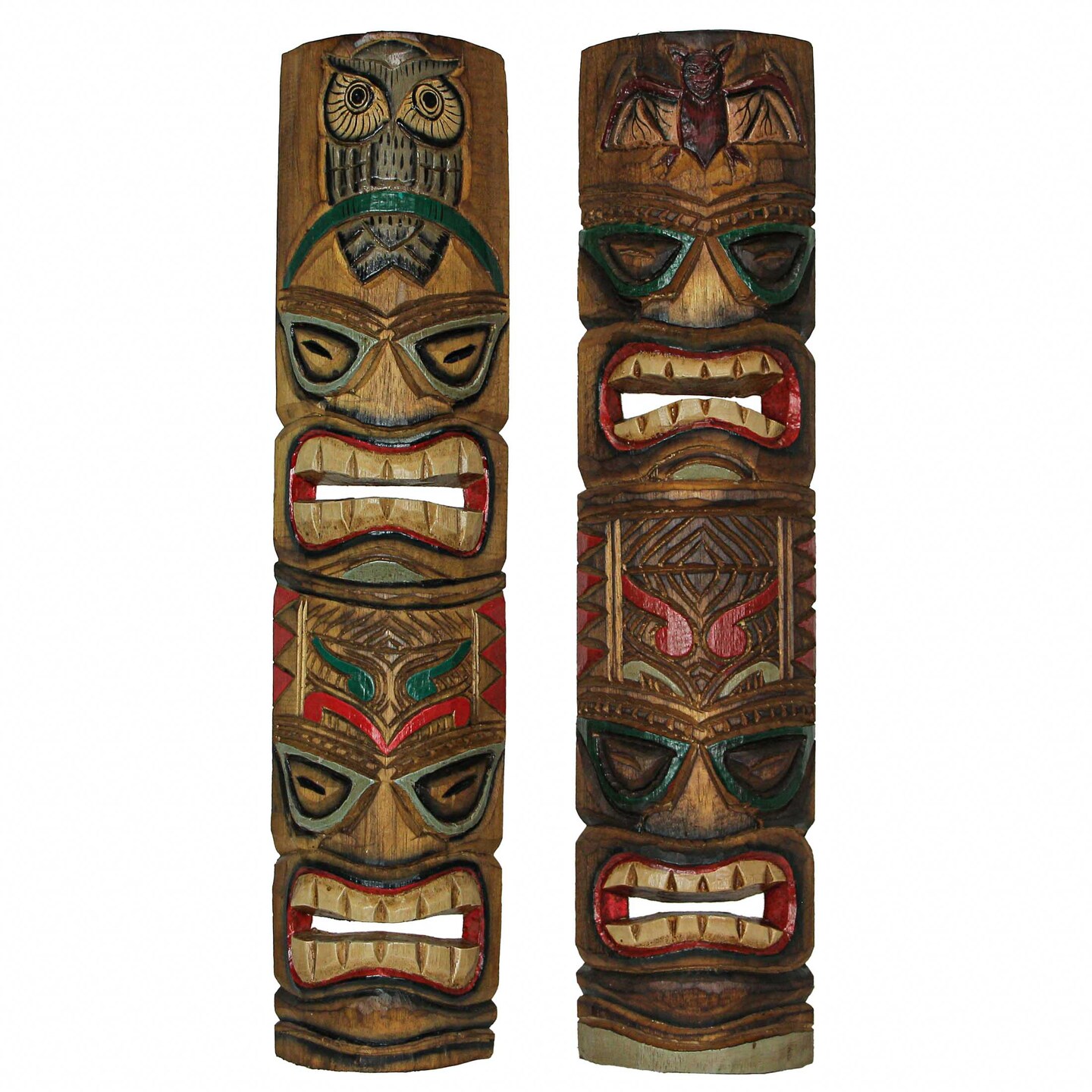 Set of 2 Tiki Mask and Owl Totem Hand Carved Wall Decor Sculpture 24 Inch