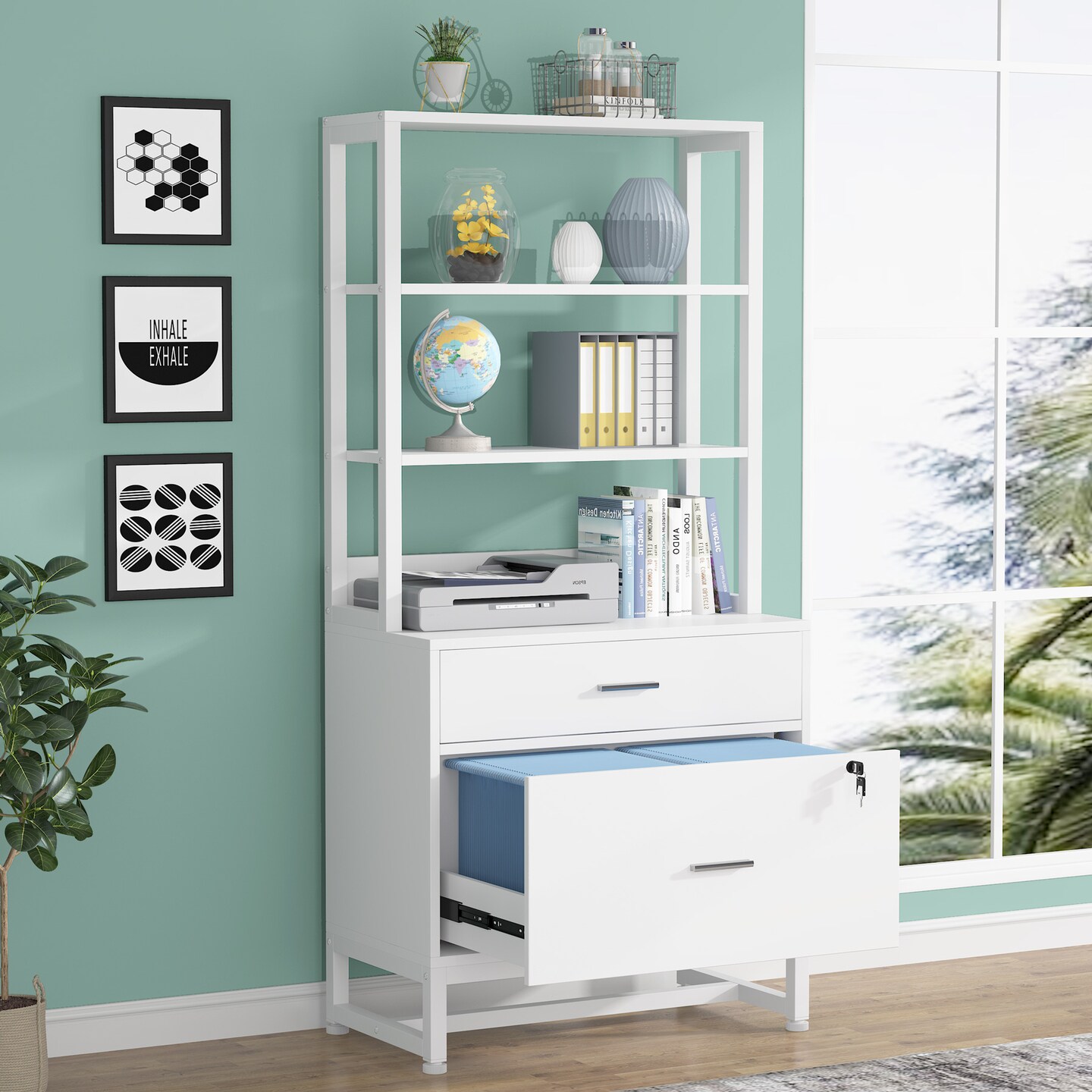 Tribesigns 2 Drawer Locking File Cabinet With Bookshelf Black Durable Storage