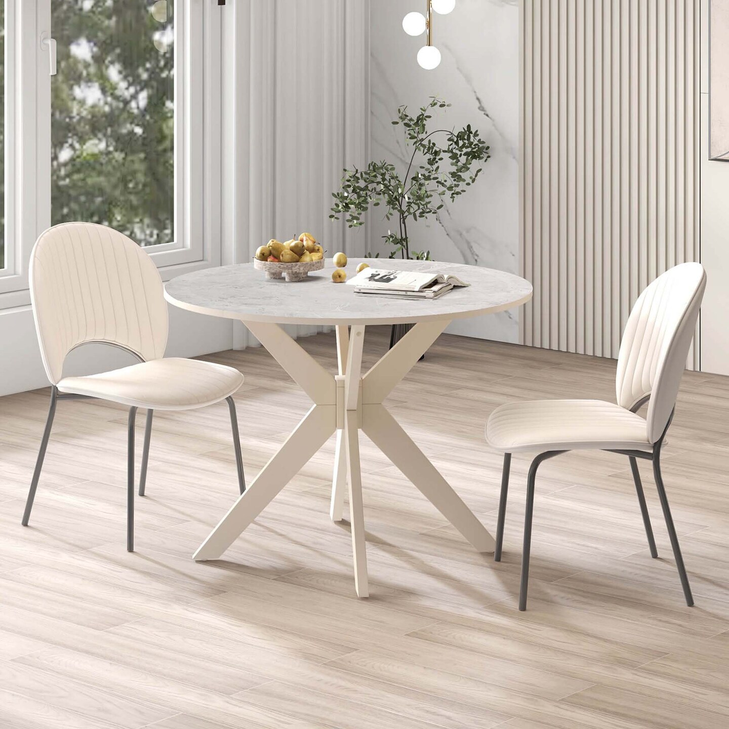 Costway Round Dining Table 36&#x22; Faux Marble Tabletop Rubber Wood Legs Kitchen White/Black