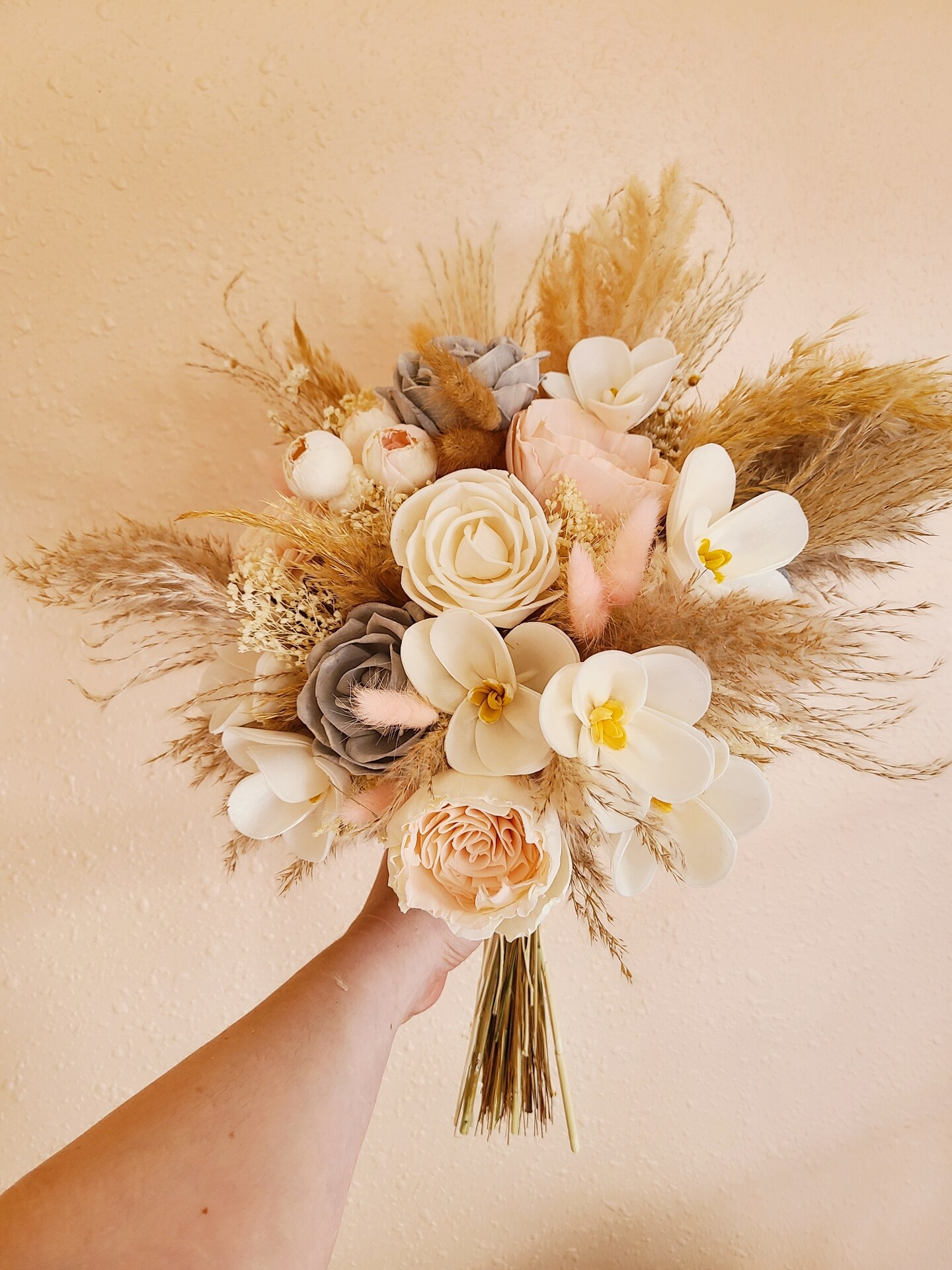 Boho Wood Flower Bouquet, Blush and Champagne Bouquet, Bridal Wedding Flowers, Orchid Bouquet