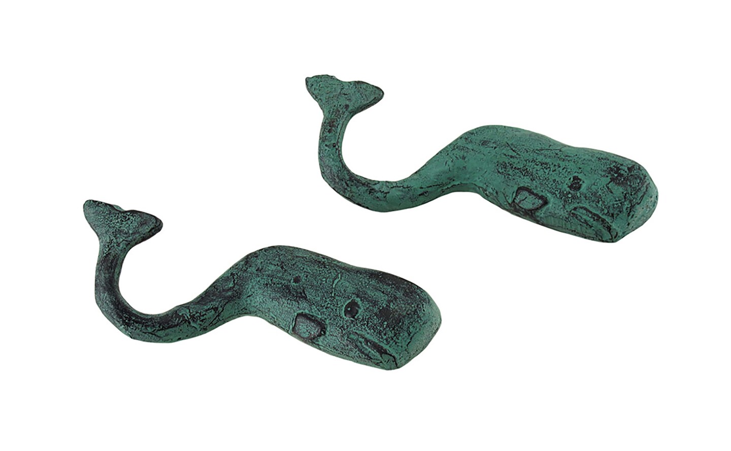 Set of 2 Verdigris Finish Sperm Whale Cast Iron Wall Hooks