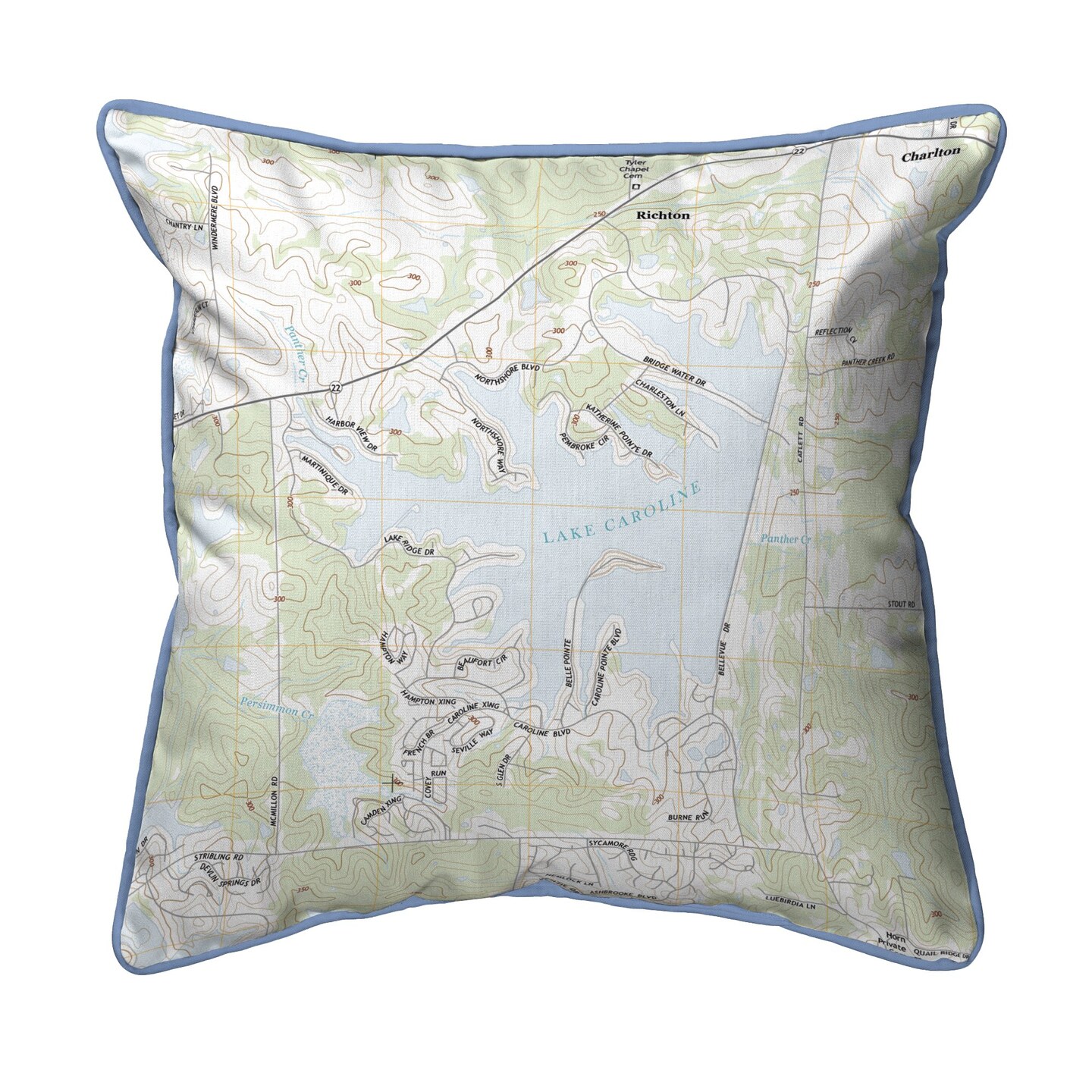Lake Caroline, MS Map Pillow 18x18 &#x2013; Large Corded Decor