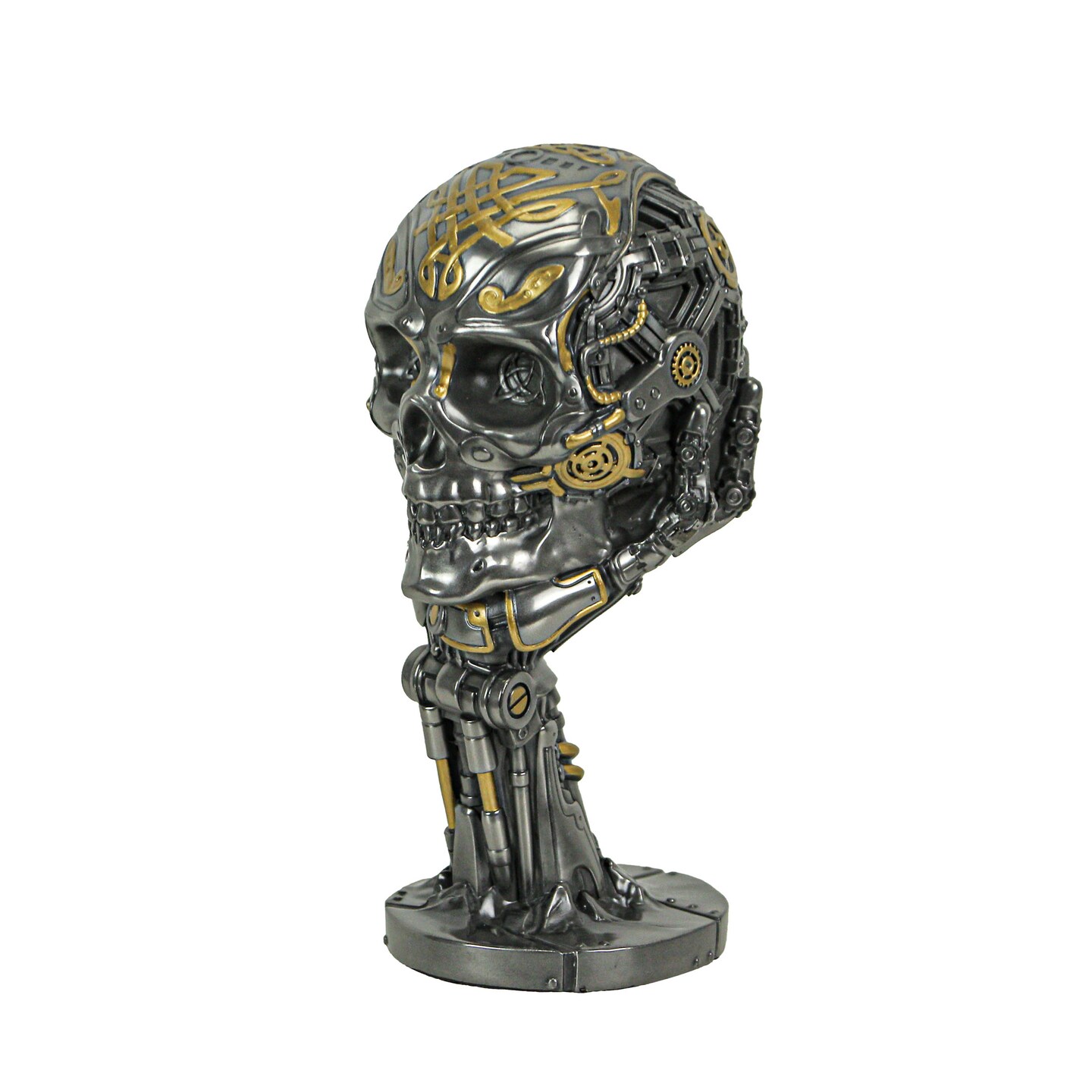 Silver / Gold Finished Steampunk Human Skull Statue - Robotic Arm Base