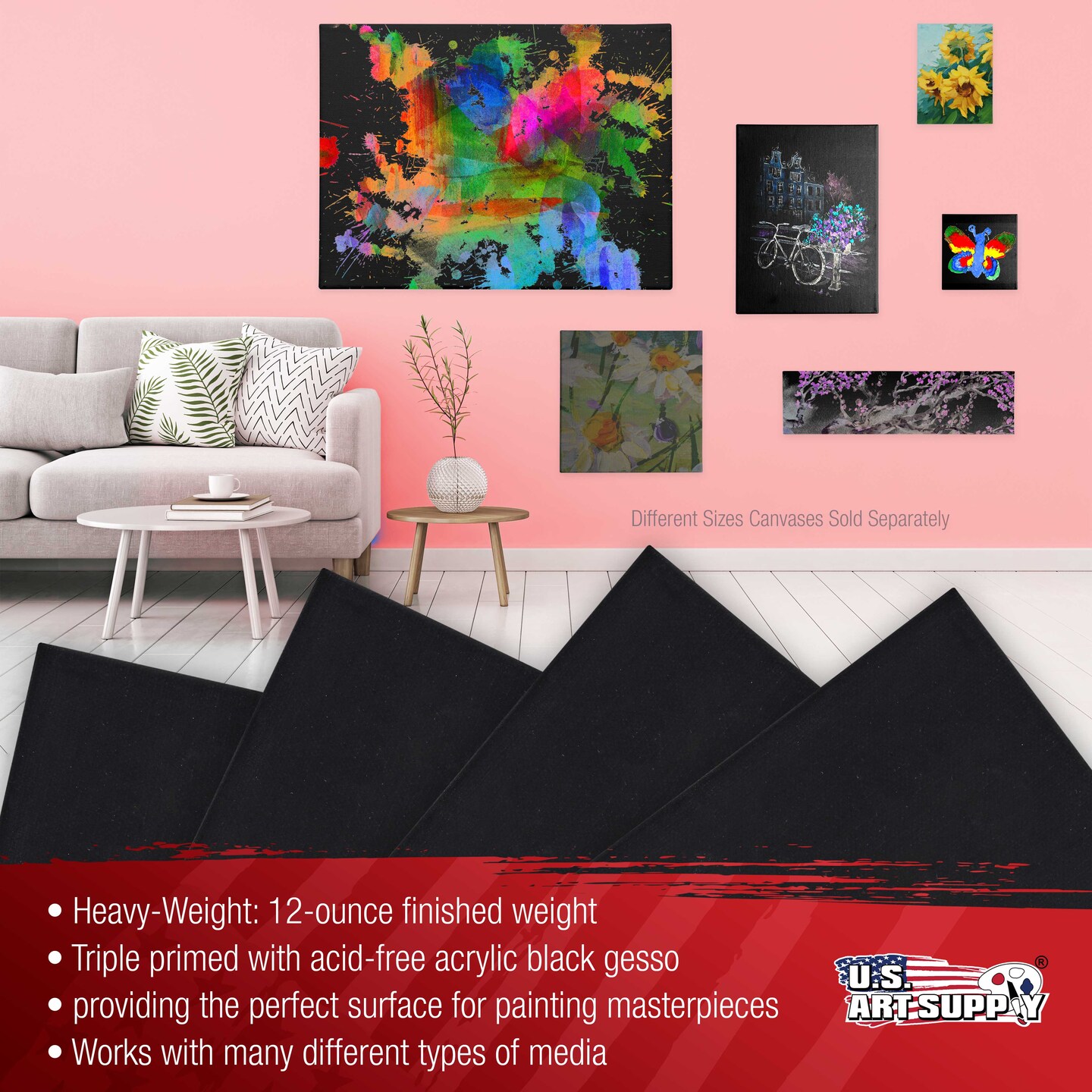 10 x 10 inch Black Stretched Canvas 12-Ounce Primed, 4-Pack - Professional Artist Quality 3/4&#x22; Profile, 100% Cotton, Heavy-Weight, Gesso