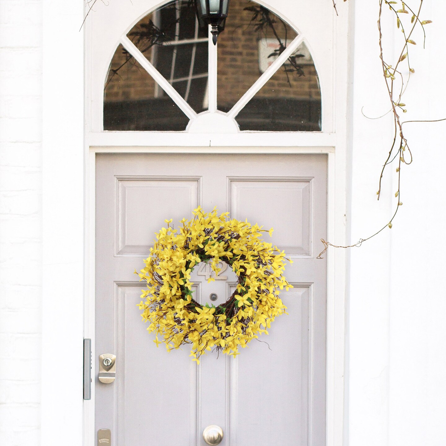 2-Pack: 16&#x22; Yellow Forsythia Wreath with Grapevine Ring, UV Resistant, Front Door Wreath by Floral Home&#xAE;