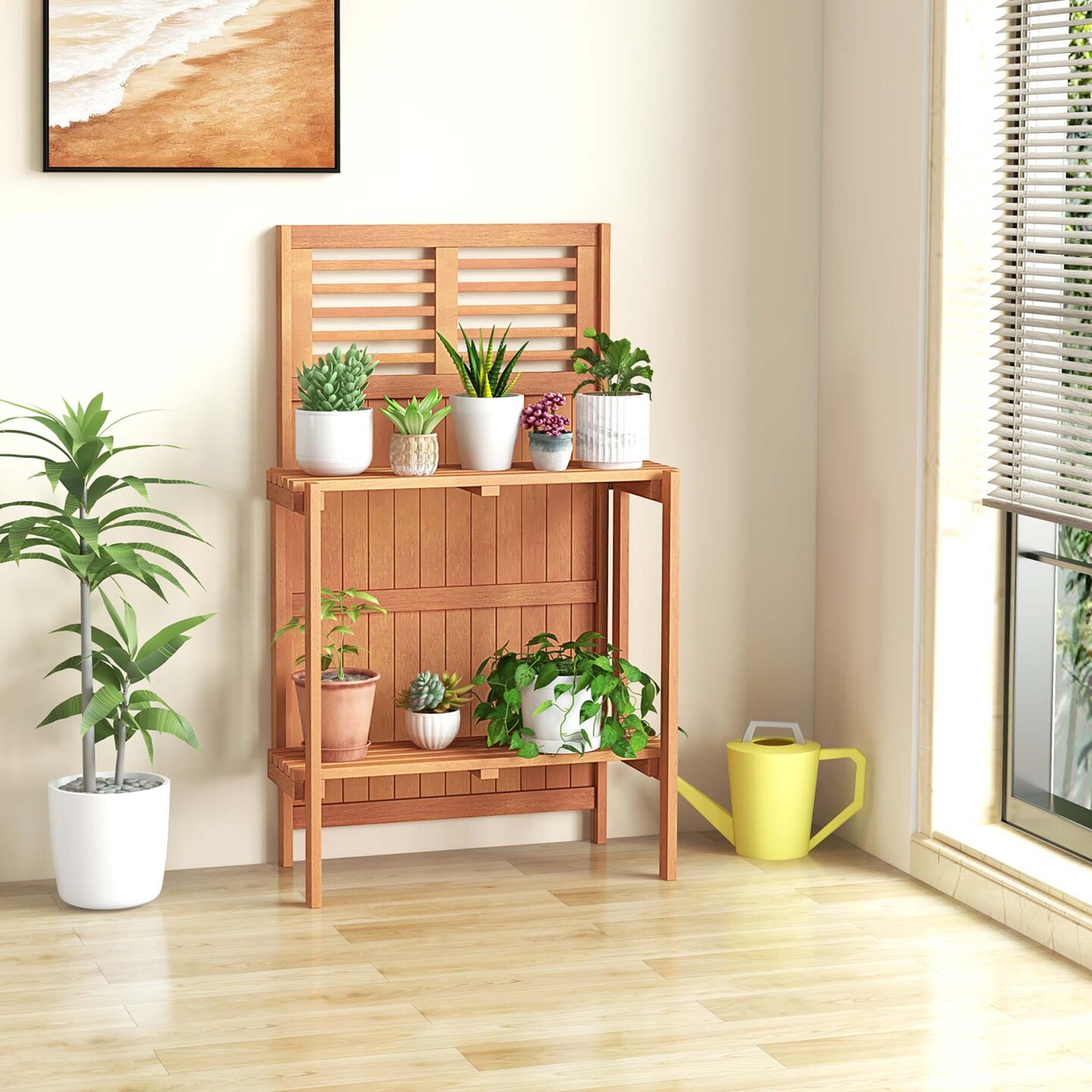 Costway Wood Potting Bench Waterproof Garden Table with 2-Tier Open Storage Shelf