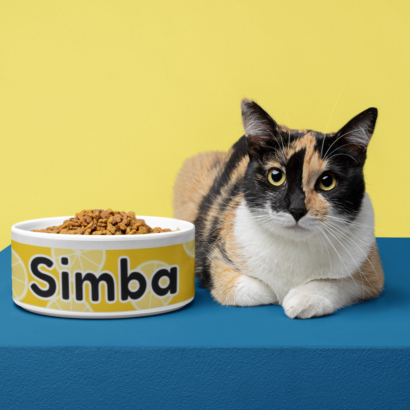 product name is Custom name lemon print pet bowl Personalized citrus design dog bowl Customized lemon pattern cat bowl Handmade lemon print pet feeding dish