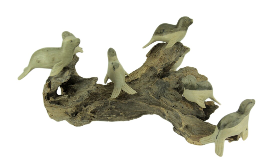 7 Seals On Old Log Hand Carved Wood Statue