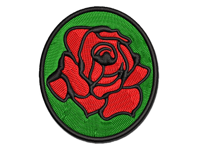 Blooming Open Rose Flower Outline Multi-Color Embroidered Iron-On or Hook &#x26; Loop Patch Applique