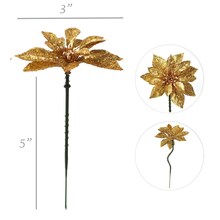 24-Pack Sparkling Gold Glitter Poinsettia Flower Picks, 4-Inch - Craft Supplies for Party, Event, Home &#x26; Office Decor