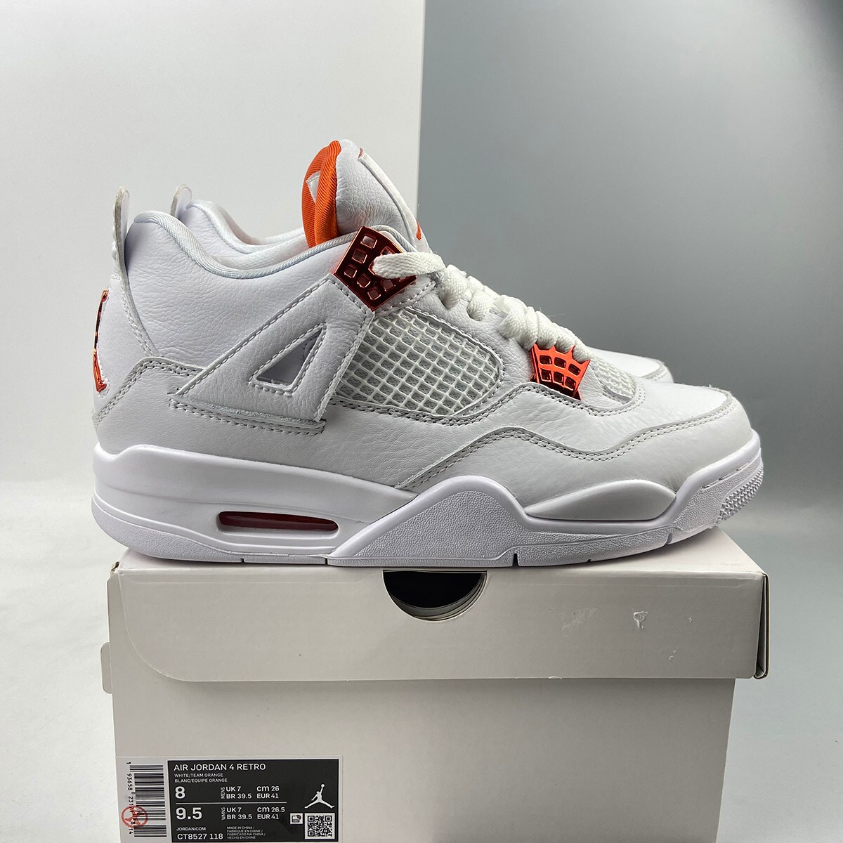 Air Jordan 4 White Team Orange Metallic Silver Sneakers For Men And Women,  Gift For Him, Gift For