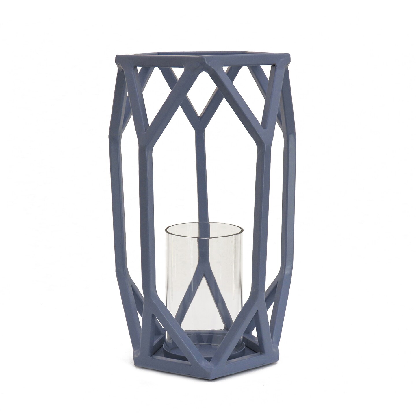 11&#x22; Candle Lantern with Glass Chimney, Dusty Blue