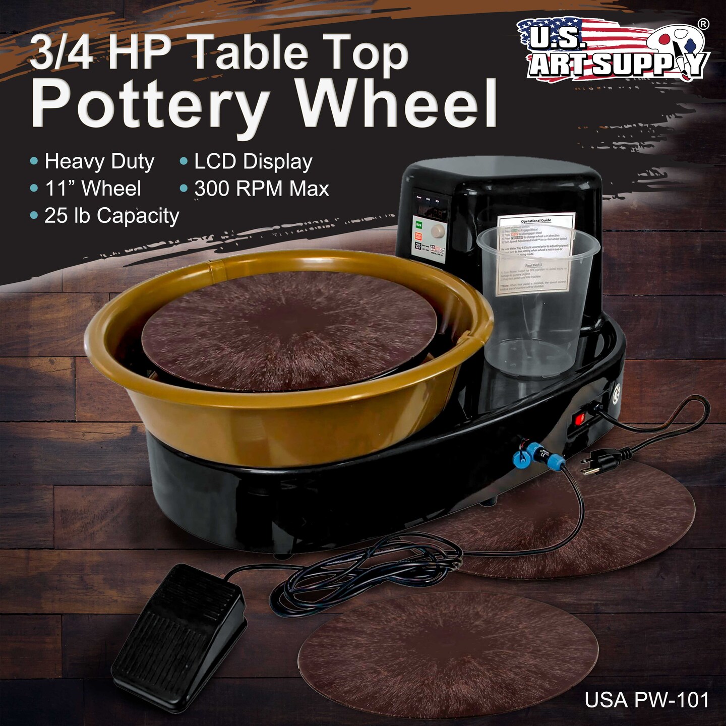 3/4-HP Table Top Pottery Wheel with LCD Wheel Speed Display, Includes Foot Pedal &#x26; 11&#x22; Bat, Reversible Spin Direction, Ceramics Clay Pot Bowl Cup Art