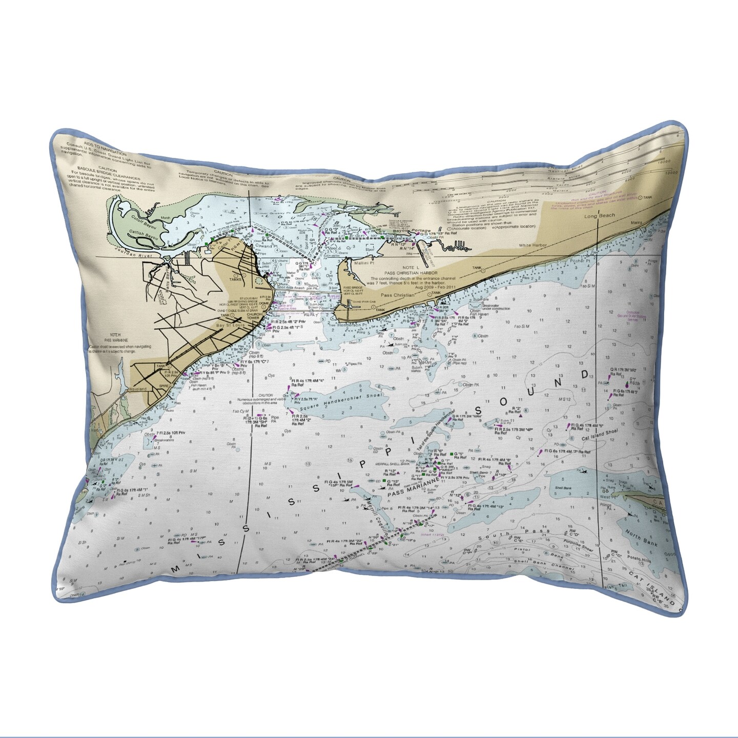 St Louis Bay, MS Nautical Map Pillow 20x24 – Extra Large Zippered