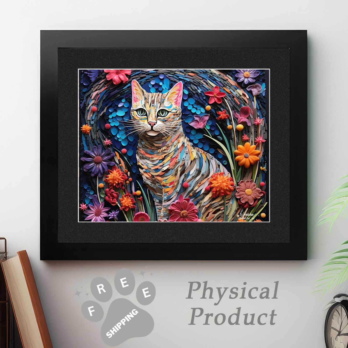 Cat and Flowers Art Quilted 3D Paper Effect Dimensional Wall Decor Cat