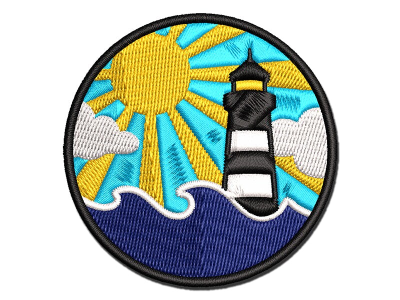 Lighthouse Sea Ocean Waves Multi-Color Embroidered Iron-On or Hook &#x26; Loop Patch Applique
