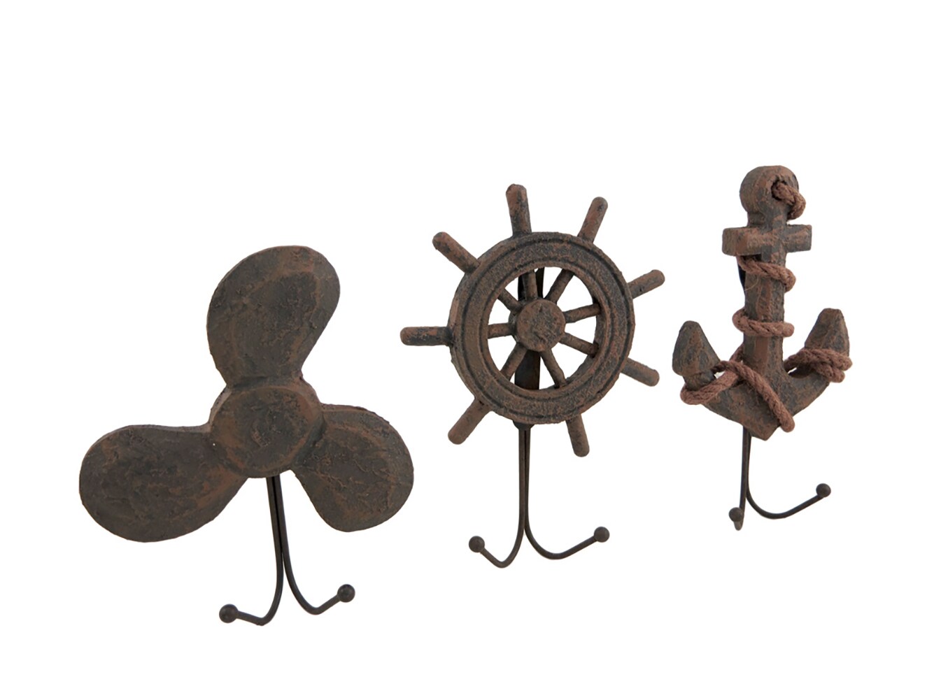 Set of 3 Weathered Finish Anchor Prop and Wheel Nautical Wall Hooks