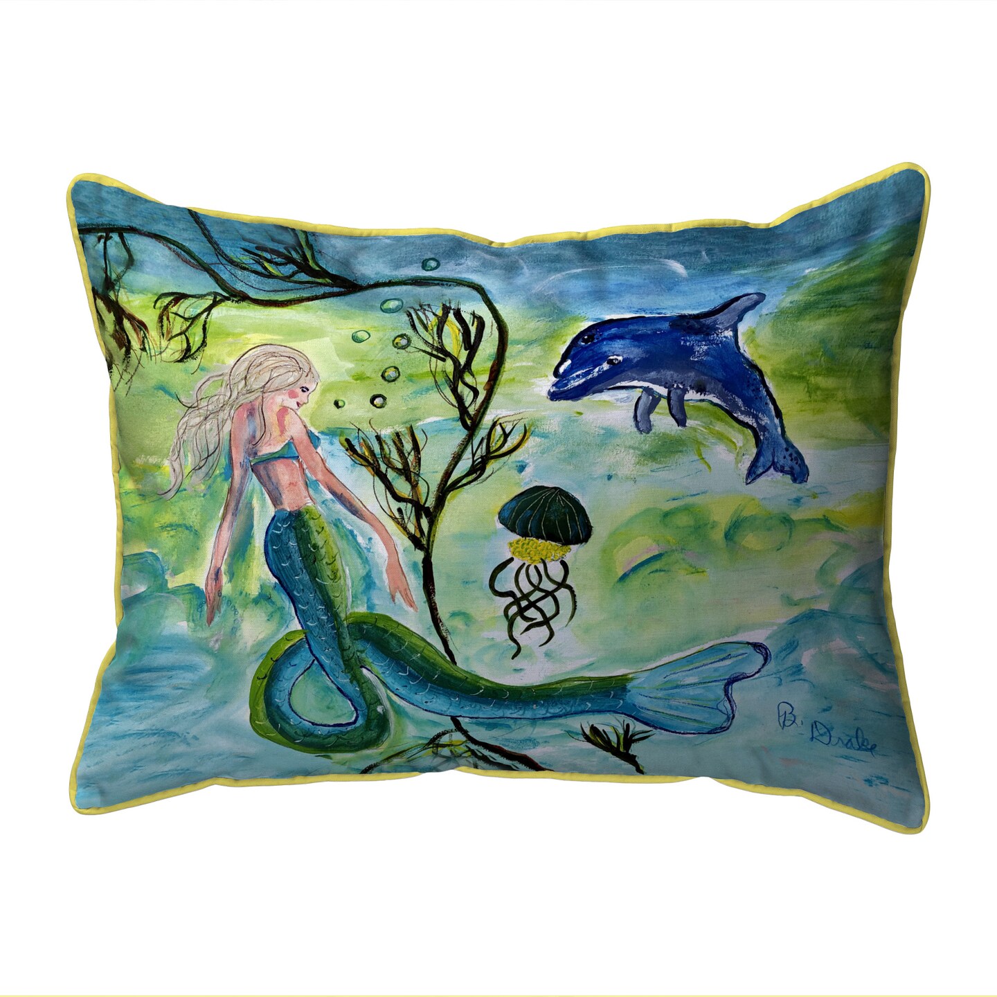 Betsy Drake Mermaid & Jellyfish Large Indoor/Outdoor Pillow 16x20
