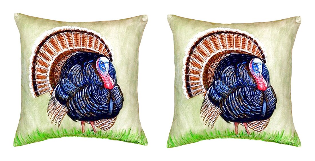 Pair of Betsy Drake Wild Turkey No Cord Pillows 18 Inch X 18 Inch