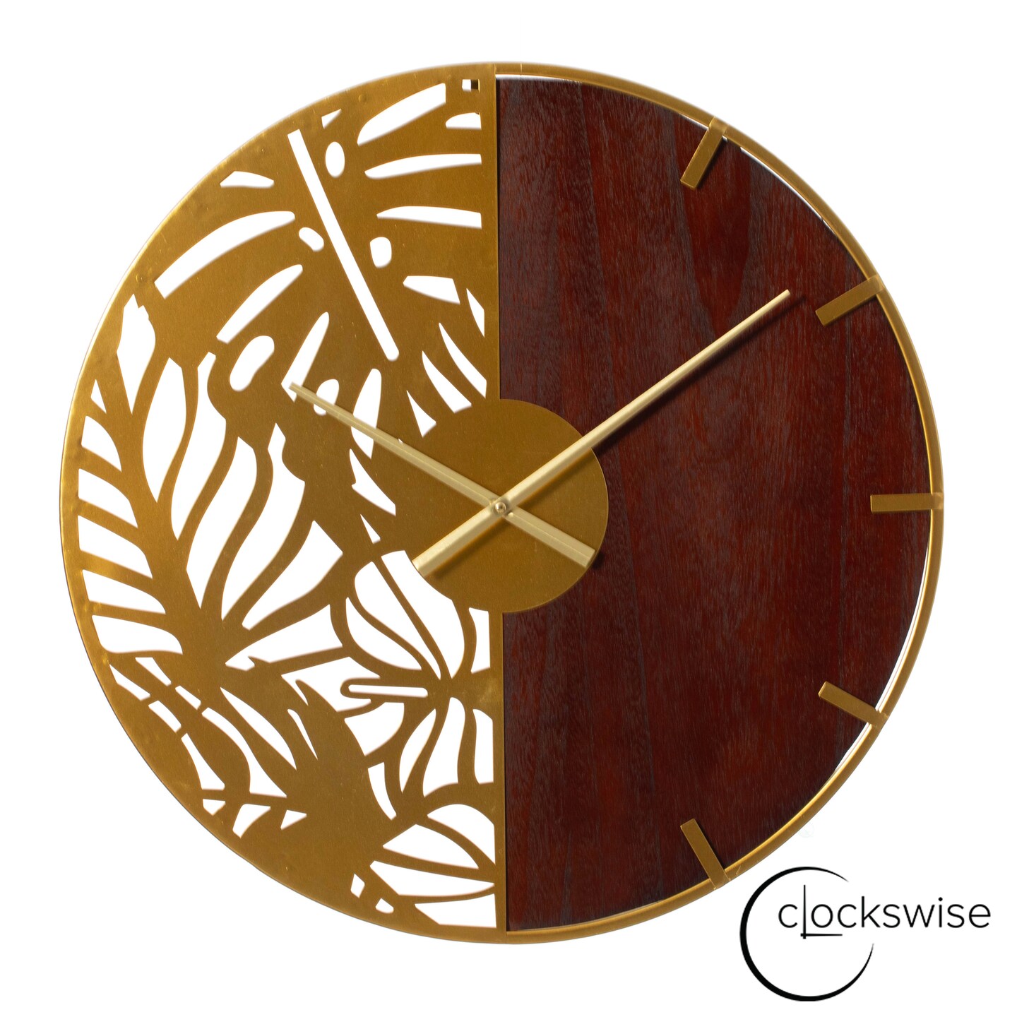 23.6&#x201D; Modern Round Big Wall Clock, Decorative brown wood and gold Metal with Leaf Cutout Oversize Timepiece for Entryway Office Living Room Bedroom or Kitchen, Hanging Supplies Included, Unique Elegant Home Decor
