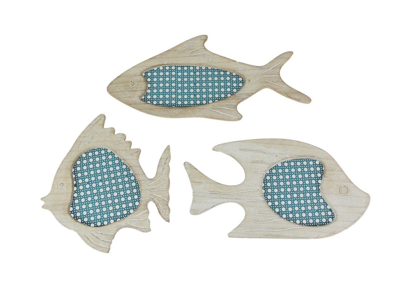 Set of 3 Blue and White Wood and Metal Mesh Fish Wall Hangings