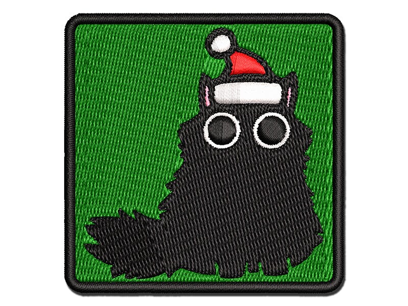 Fluffy Black Cat Santa Hat Christmas Multi-Color Embroidered Iron-On or Hook &#x26; Loop Patch Applique