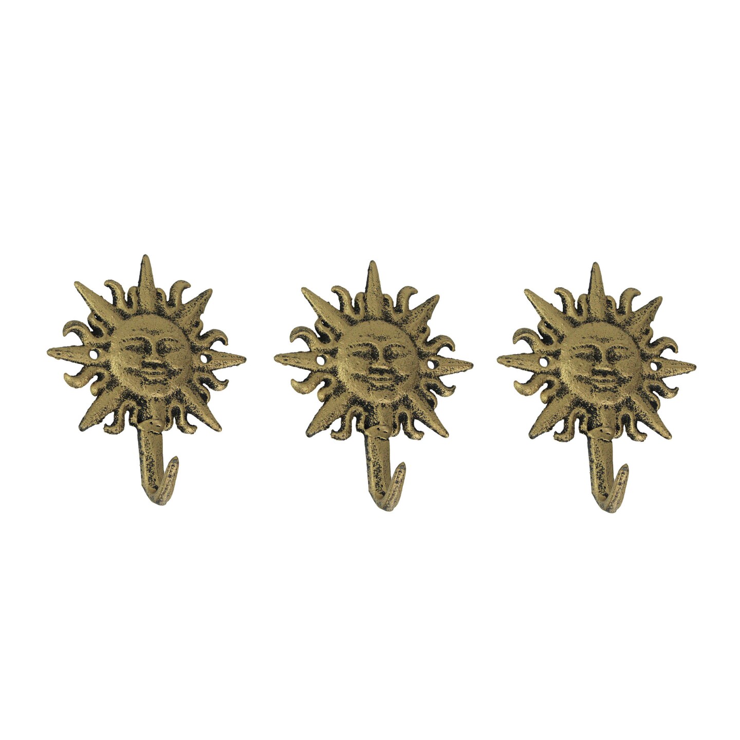 Set of 3 Cast Iron Gold Sun Face Decorative Wall Hooks Towel Coat Hanger Rack