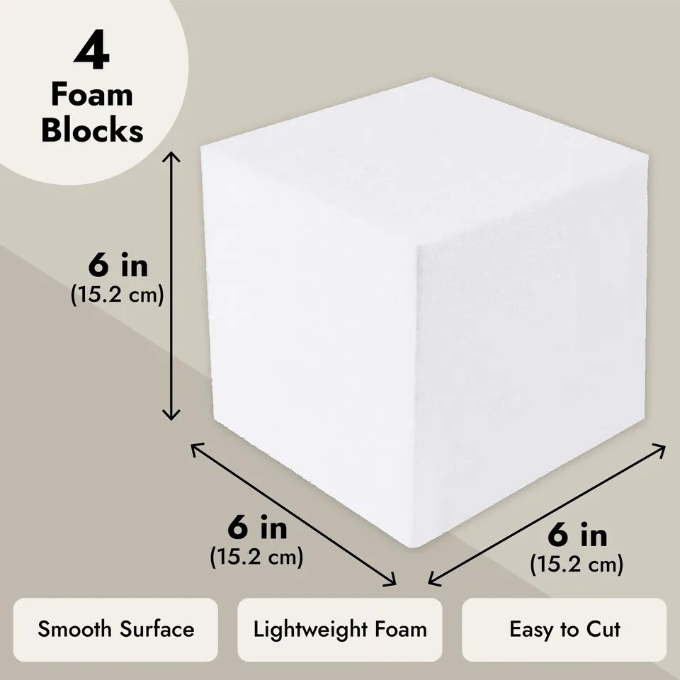 4 Pack Foam Cube Squares for Crafts, 6x6x6&#x22; White Blocks for, DIY Projects