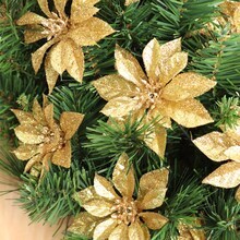 24-Pack Sparkling Gold Glitter Poinsettia Flower Picks, 4-Inch - Craft Supplies for Party, Event, Home &#x26; Office Decor