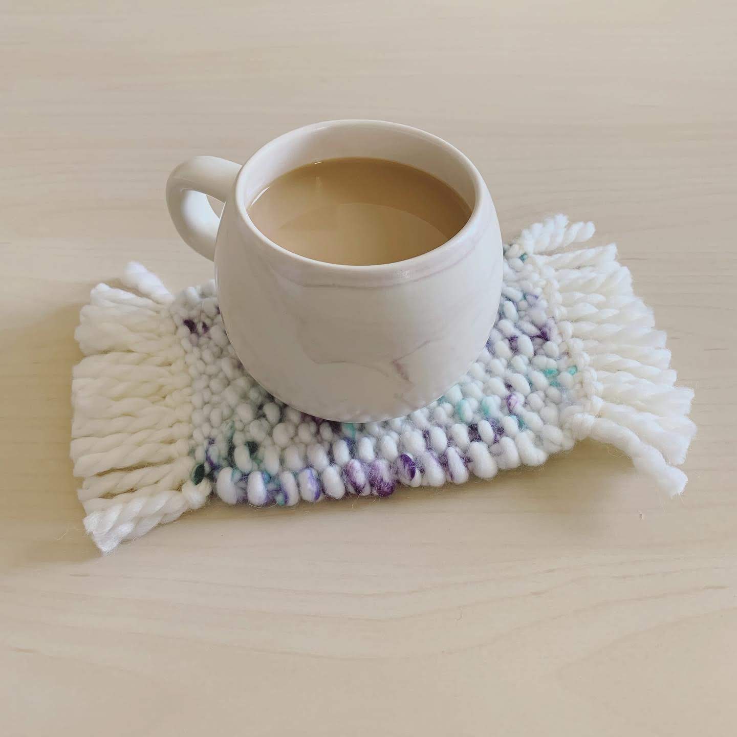 Purple, Teal, and White Rug Shaped Knit Coaster