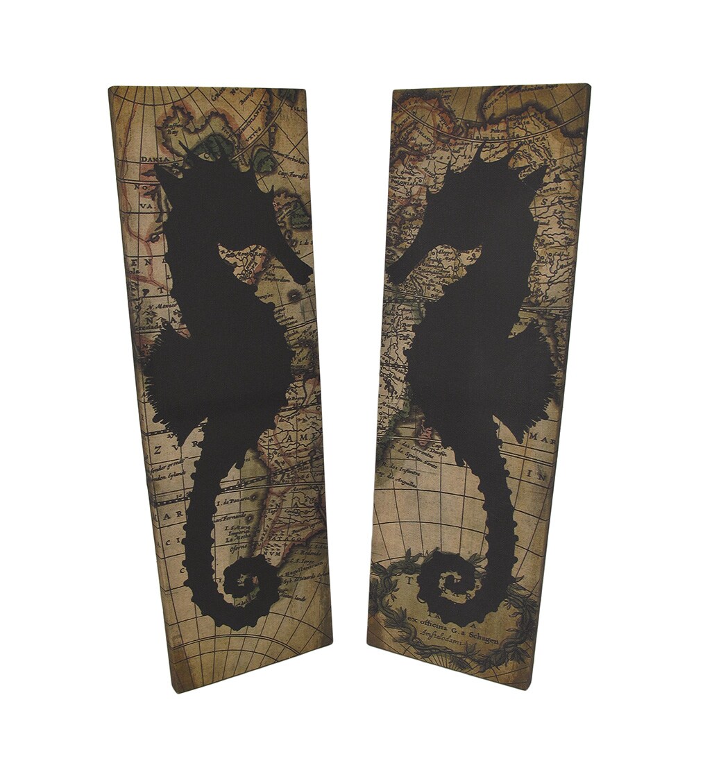 Set of 2 Seahorse Silhouette Old World Map Canvas Wall Hangings