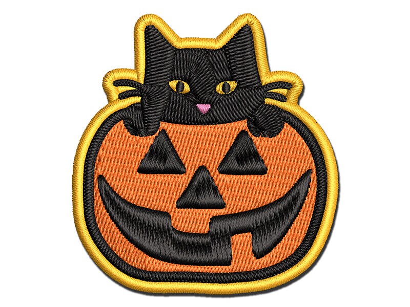 Cat in Pumpkin Halloween Multi-Color Embroidered Iron-On or Hook &#x26; Loop Patch Applique