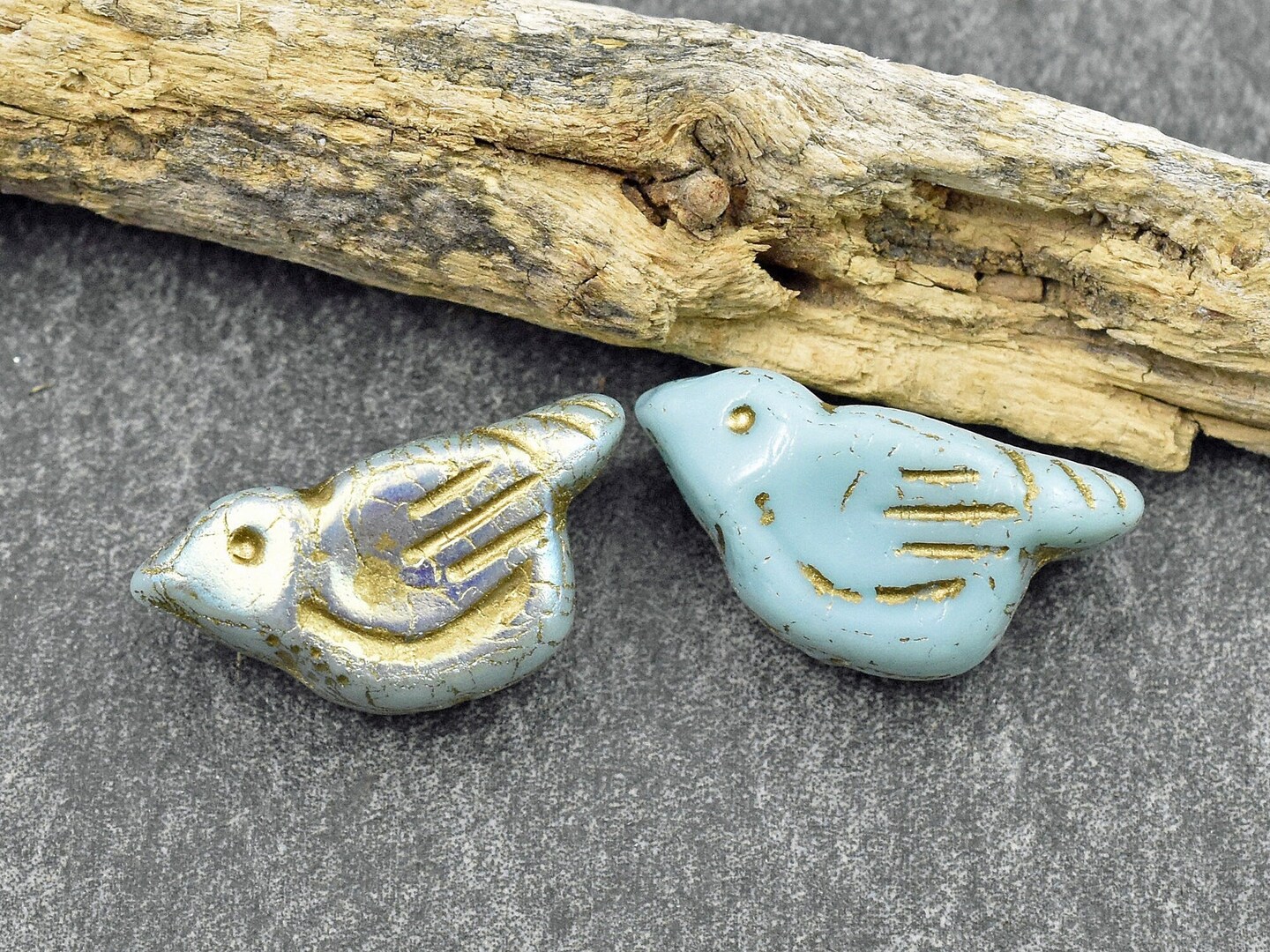 *6* 11x22mm Gold Washed Baby Blue AB Bird Beads