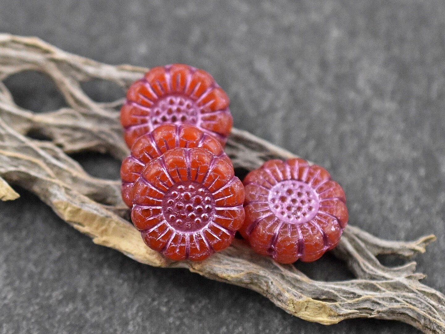 *12* 13mm Metallic Pink Washed Orange Opaline Sunflower Coin Beads