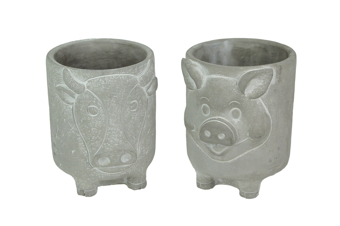 Set of 2 Natural Gray Barnyard Animal Design Concrete Planters Cow and Pig