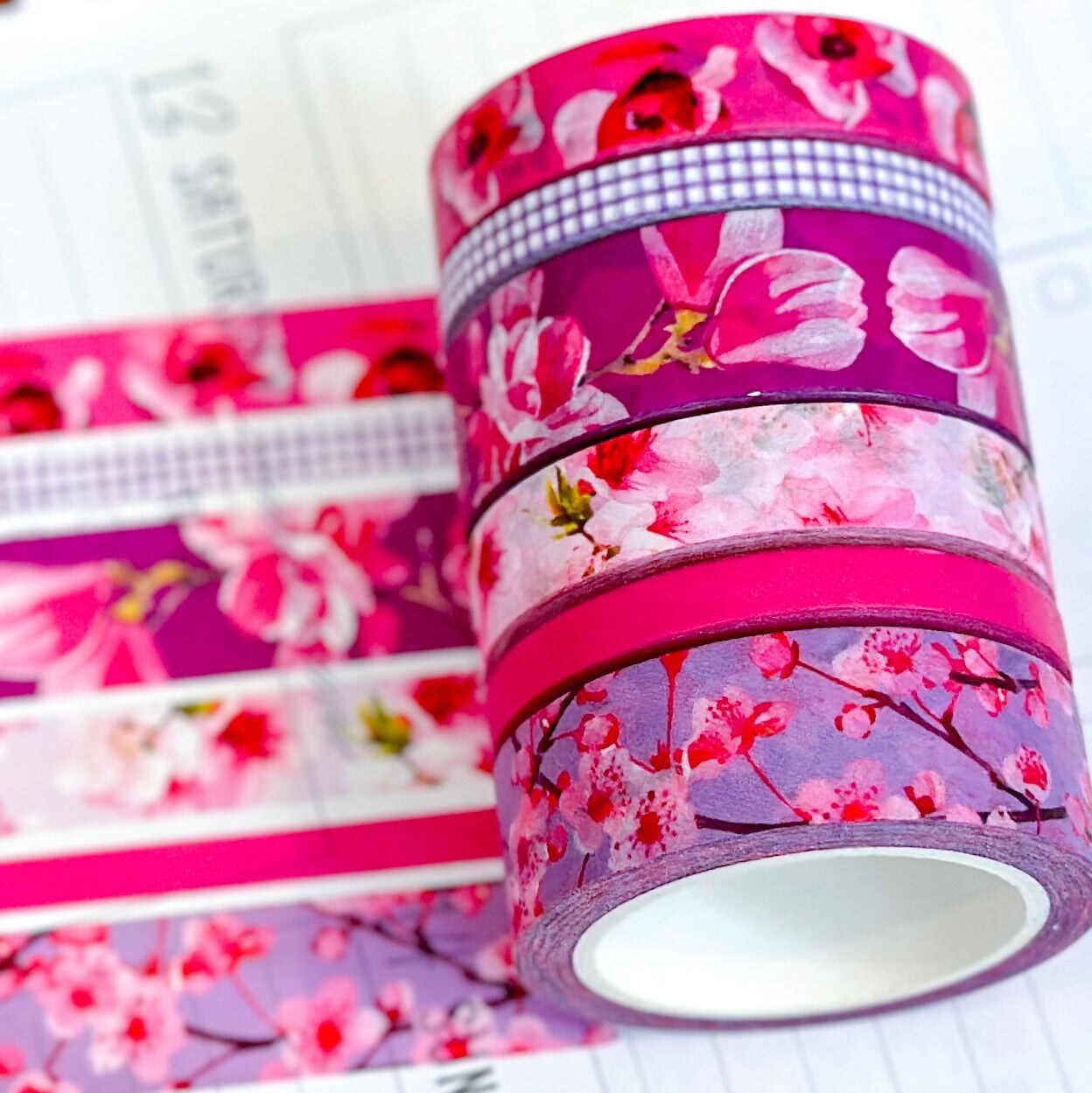 Cherry Blossoms Pink Spring Flowers Washi Tape Set April 2024 - W106